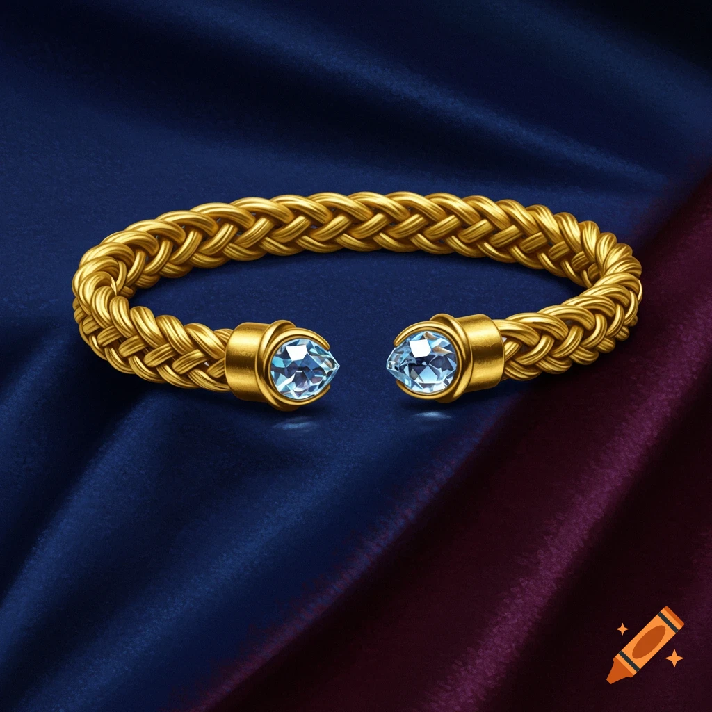 A braided golden cuff bracelet with two light blue crystal points at the ends rests on draped blue and red fabric.