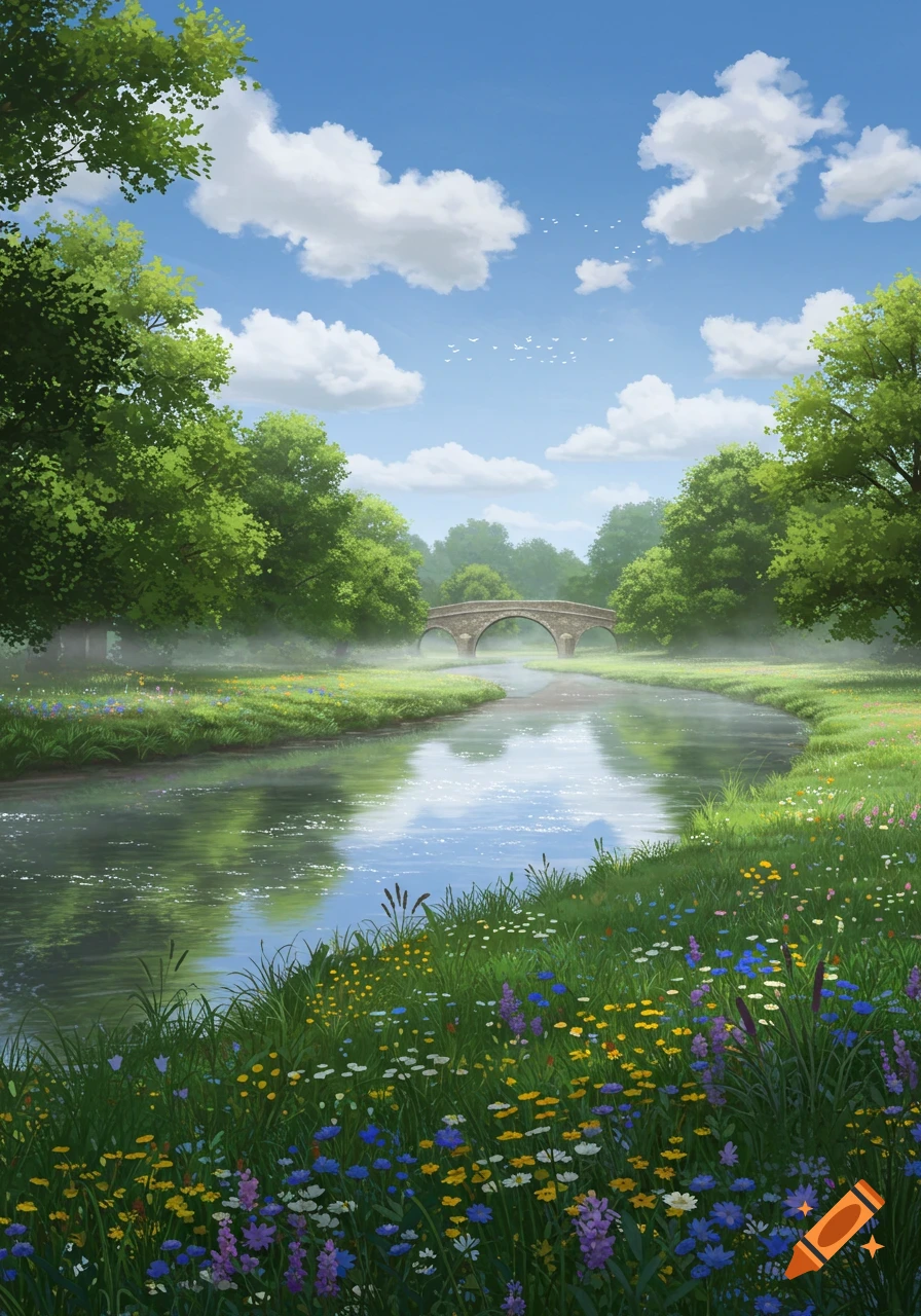 A serene digital painting of a river flowing through a green valley with wildflowers, leading to a stone bridge under a blue sky.