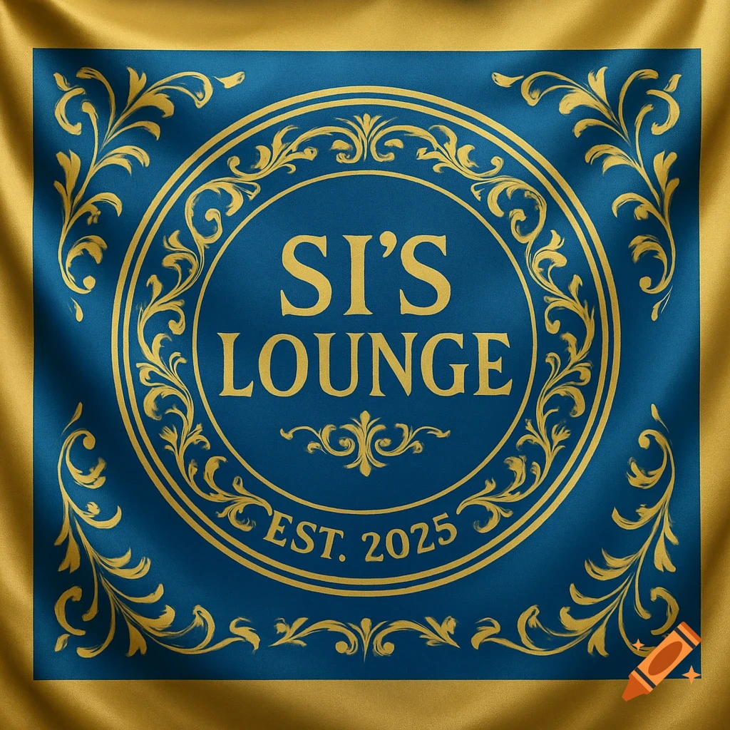 A blue and gold flag design for 'Si's Lounge Est. 2025' with ornate floral patterns on a draped fabric.
