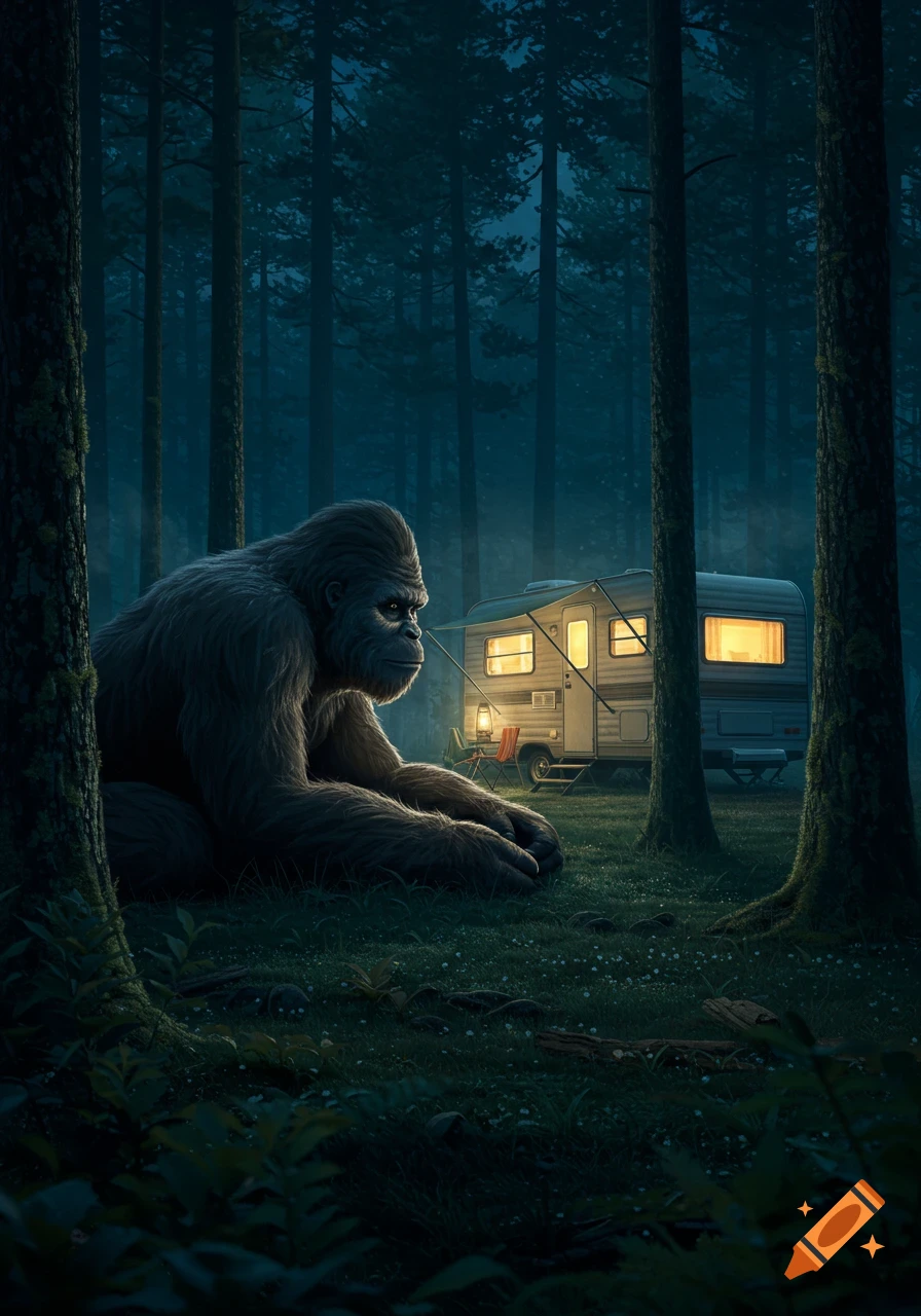 A large Bigfoot sits on grass in a dark forest at night, looking towards a lit camper trailer.
