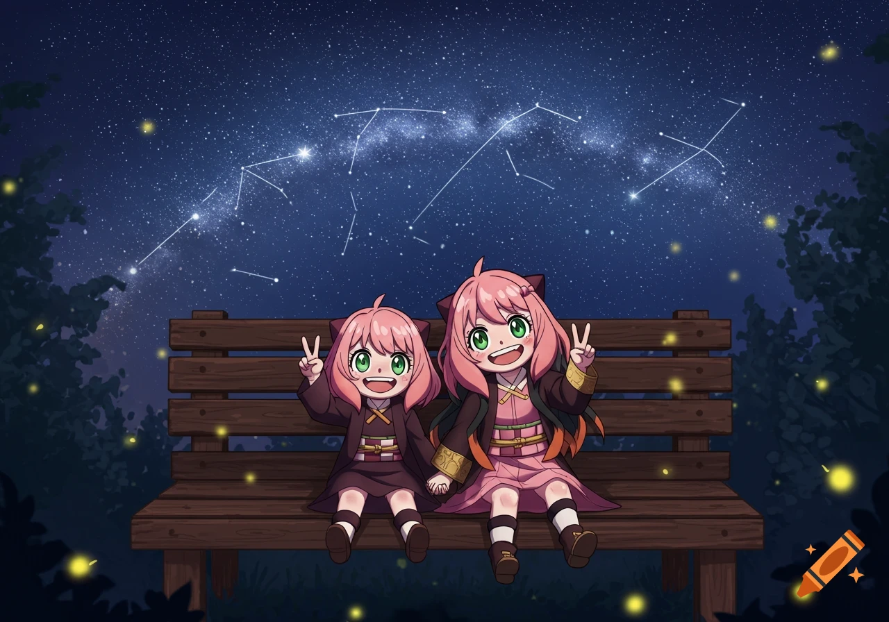 Two anime girls with pink hair, resembling Anya Forger, sit on a wooden bench at night. They both smile and hold up peace signs. The sky above is filled with stars and constellations, with fireflies glowing around them and trees in the background.