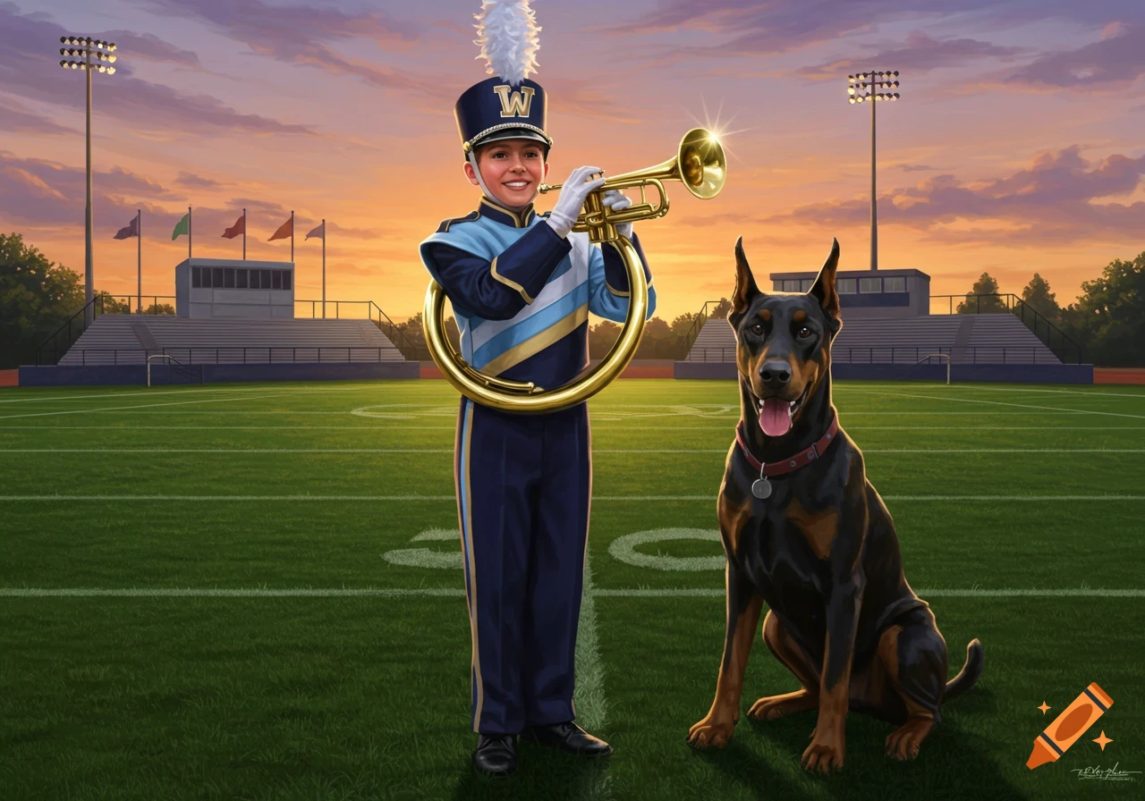 A young band student in a blue, gold, and navy uniform plays a golden trumpet on a football field with a Doberman dog.