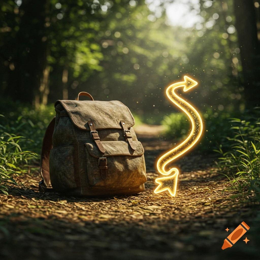 A sturdy backpack sits on a dirt path in a sun-dappled forest, next to a glowing, wavy golden arrow pointing upwards.