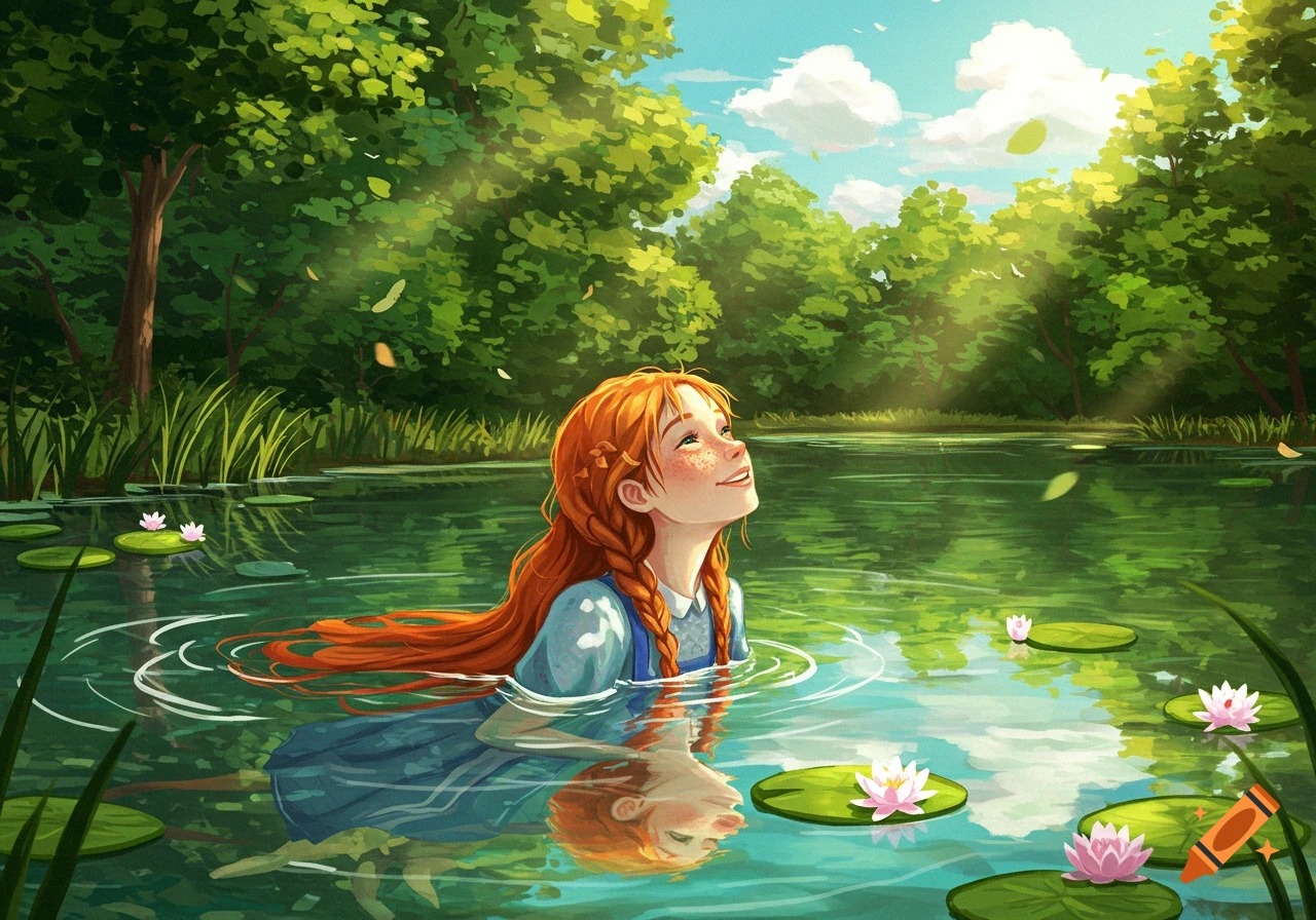 A red-haired girl with braids wades in a bright green lake, smiling and looking up at the sunny sky, surrounded by lily pads and lush trees in an illustrative style.