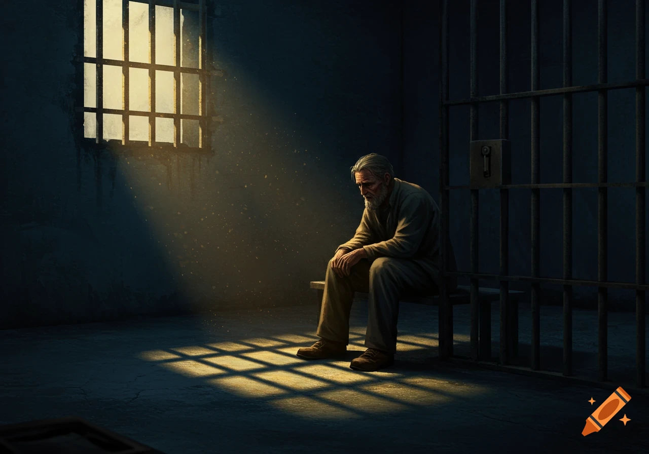An old man sits alone in a dark prison cell, lit by sunlight streaming through a barred window.