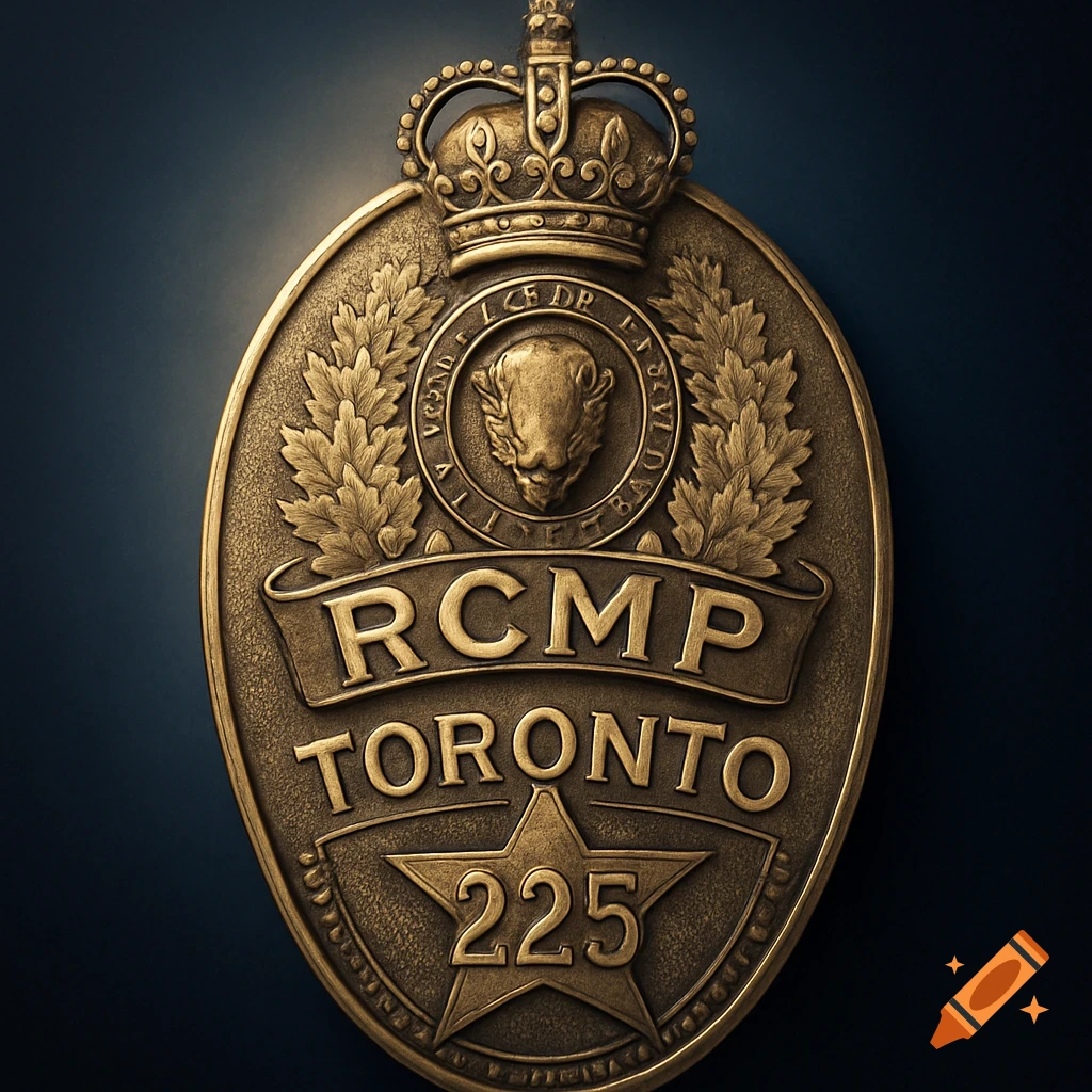 A detailed bronze RCMP Toronto police badge with a crown, a buffalo head, and the number 225.