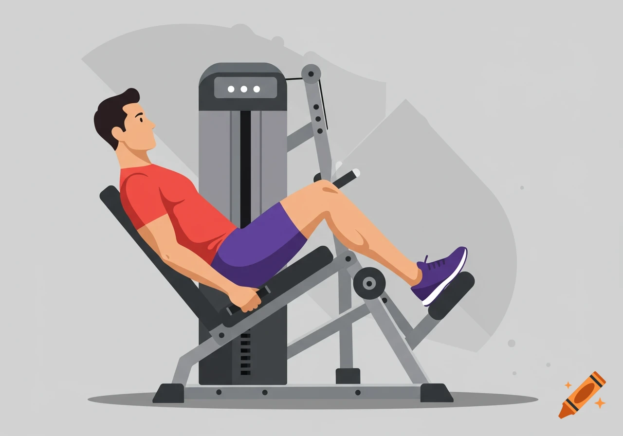 A man in a red shirt and purple shorts performs leg extensions on a gym machine. Flat illustration.