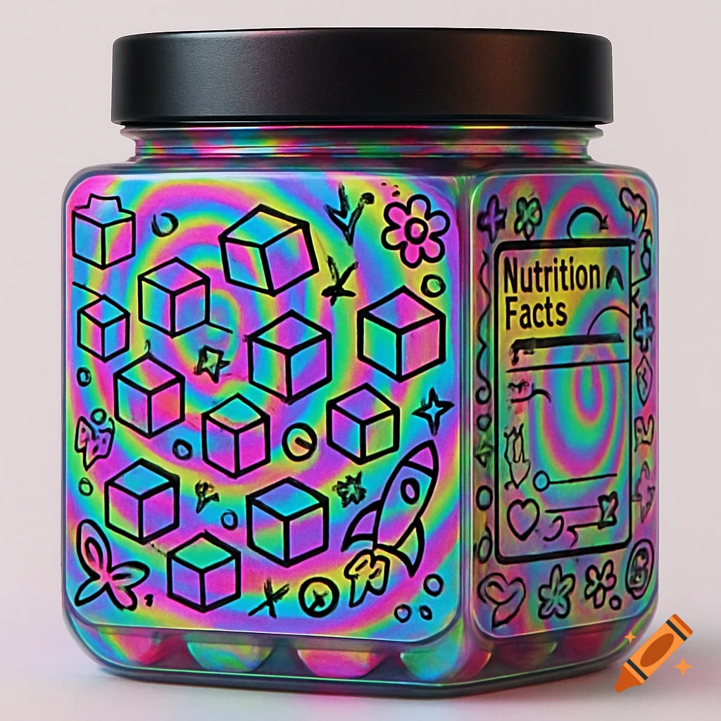 A cube-shaped jar with a black lid, decorated with swirling psychedelic rainbow colors and black outlined doodles of cubes, stars, a rocket, and flowers. A "Nutrition Facts" label is on one side.