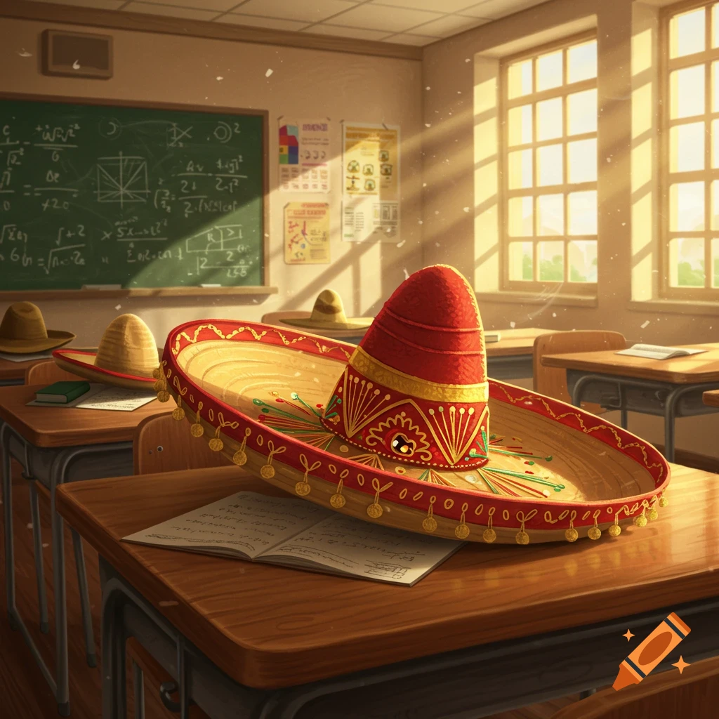 A decorative sombrero with red, gold, and green patterns sits on a wooden desk in a sunlit classroom. Other sombreros are visible on desks, and a chalkboard with illegible writing is in the background.