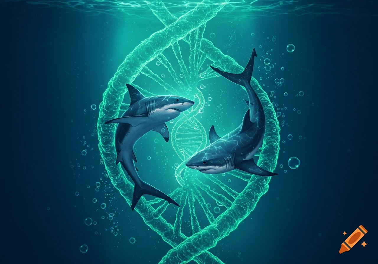 Two sharks swim around a glowing green DNA helix structure underwater, surrounded by bubbles. Digital illustration.