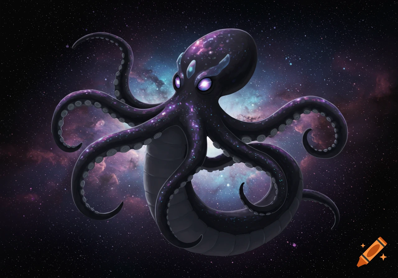 A cosmic octopus-snake creature with glowing purple eyes and galaxy-like patterns on its dark body floats in a starry space with colorful nebulae.