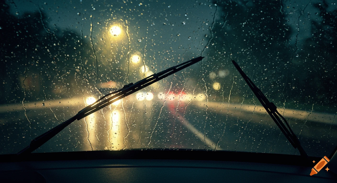 View from inside a car through a rain-covered windshield at night, showing blurry headlights and taillights on a wet road.