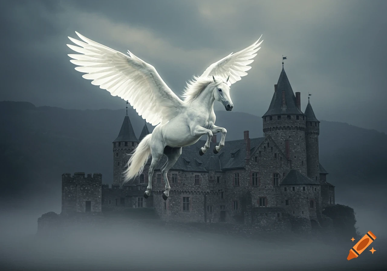 A majestic white Pegasus with large wings flies over a dark, misty castle under a cloudy sky.