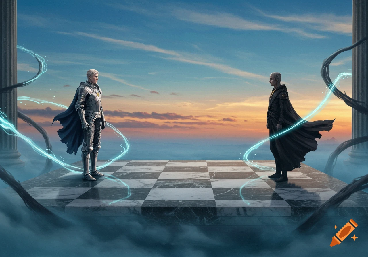 Two figures, one armored and one robed, face off on a chessboard floating in a sunset sky with swirling blue magic.