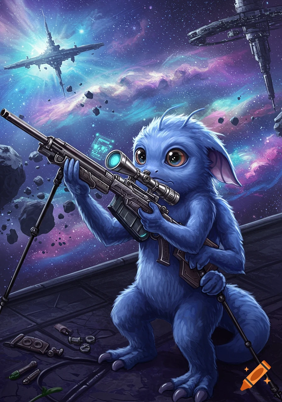 A cute blue furry creature with large eyes holds a sniper rifle on a deck, with colorful cosmic nebulae and space stations. Digital art.