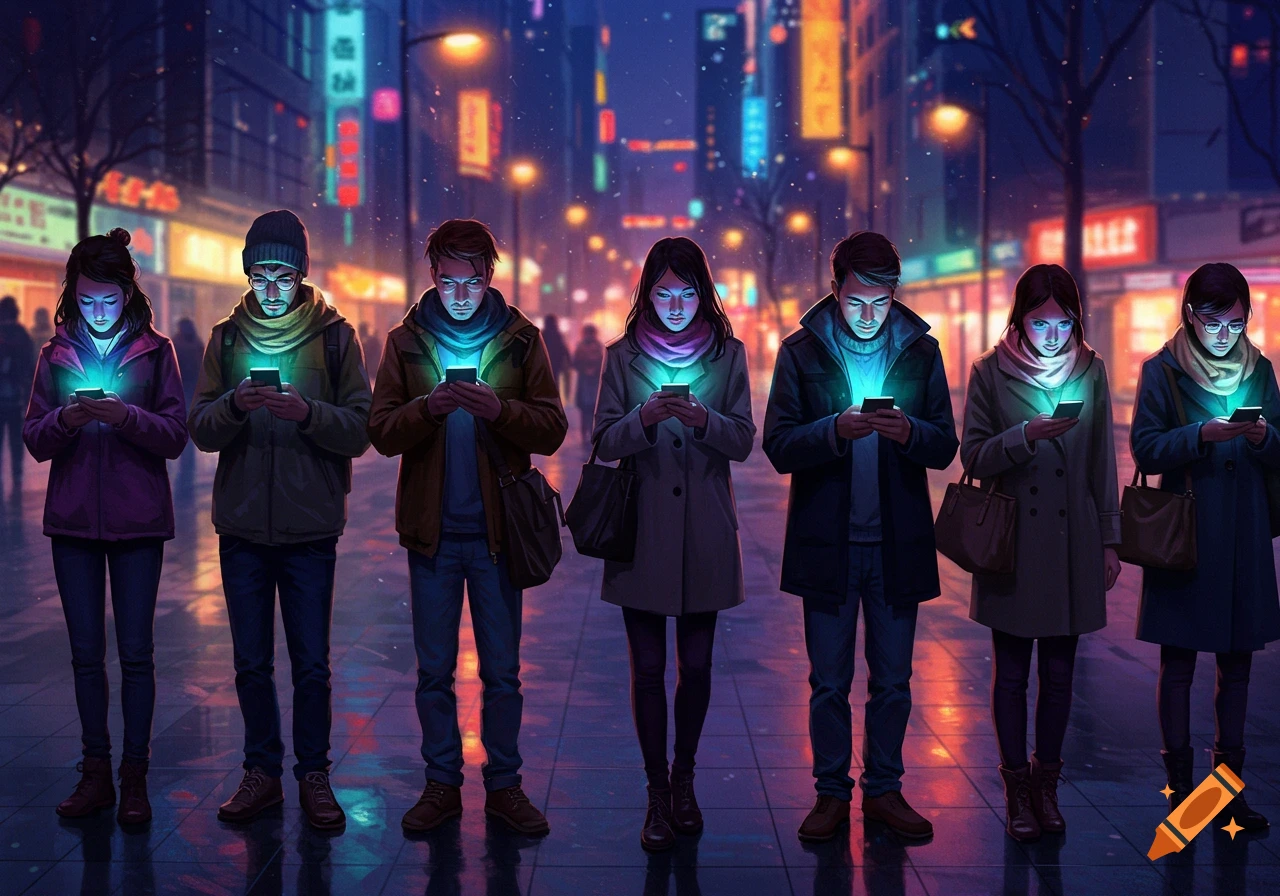Several people stand on a dark city street at night, illuminated by the bright screens of their mobile phones. The scene has a stylized, glowing effect.