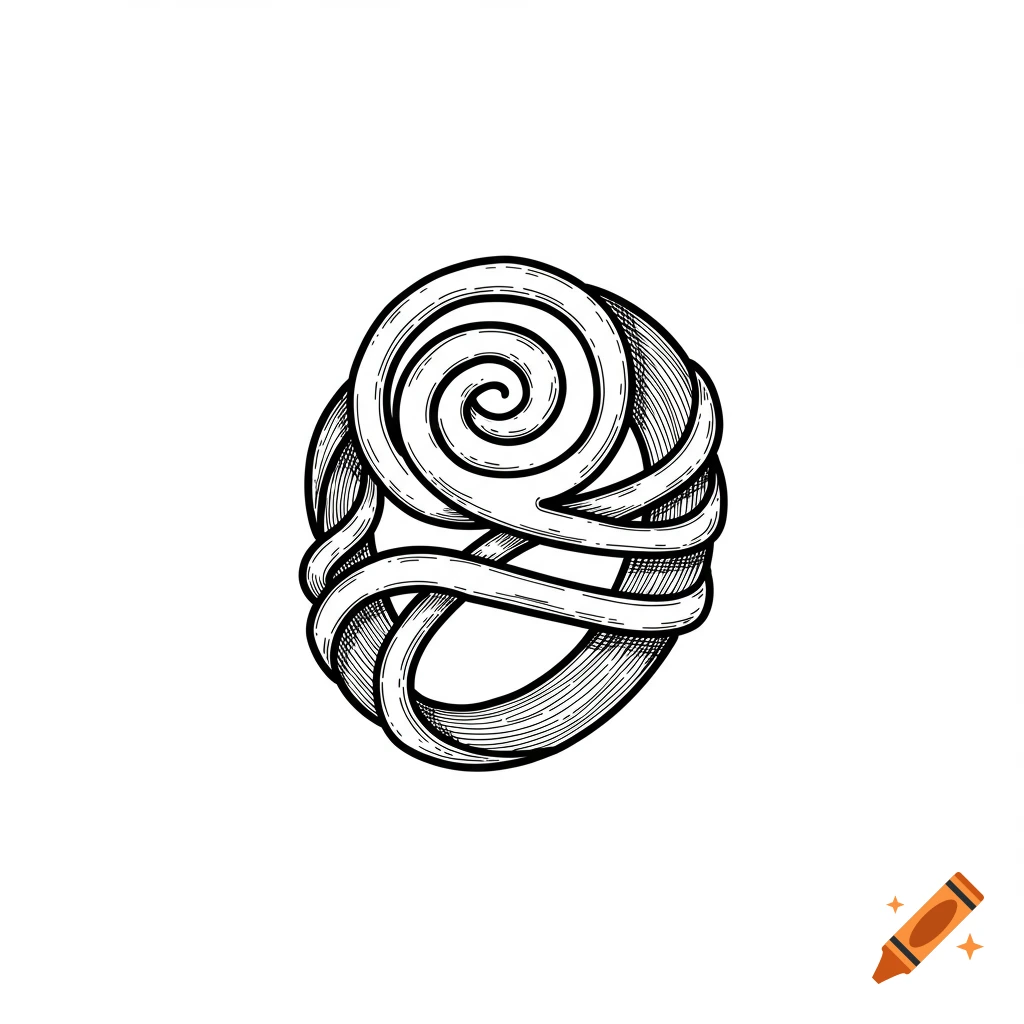 A black and white line art illustration of an intricate, interwoven spiral symbol.
