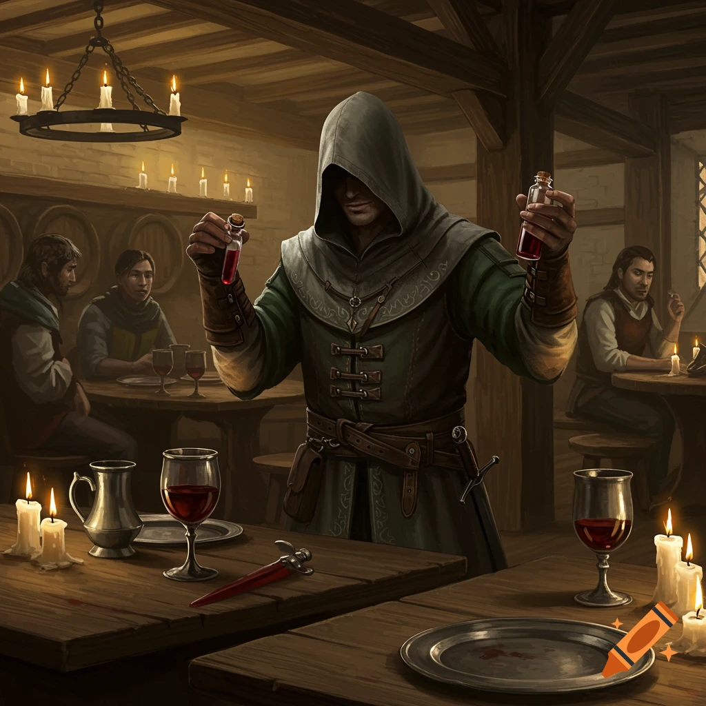 A hooded figure holds vials of liquid in a dimly lit medieval tavern, with other patrons seated at tables.