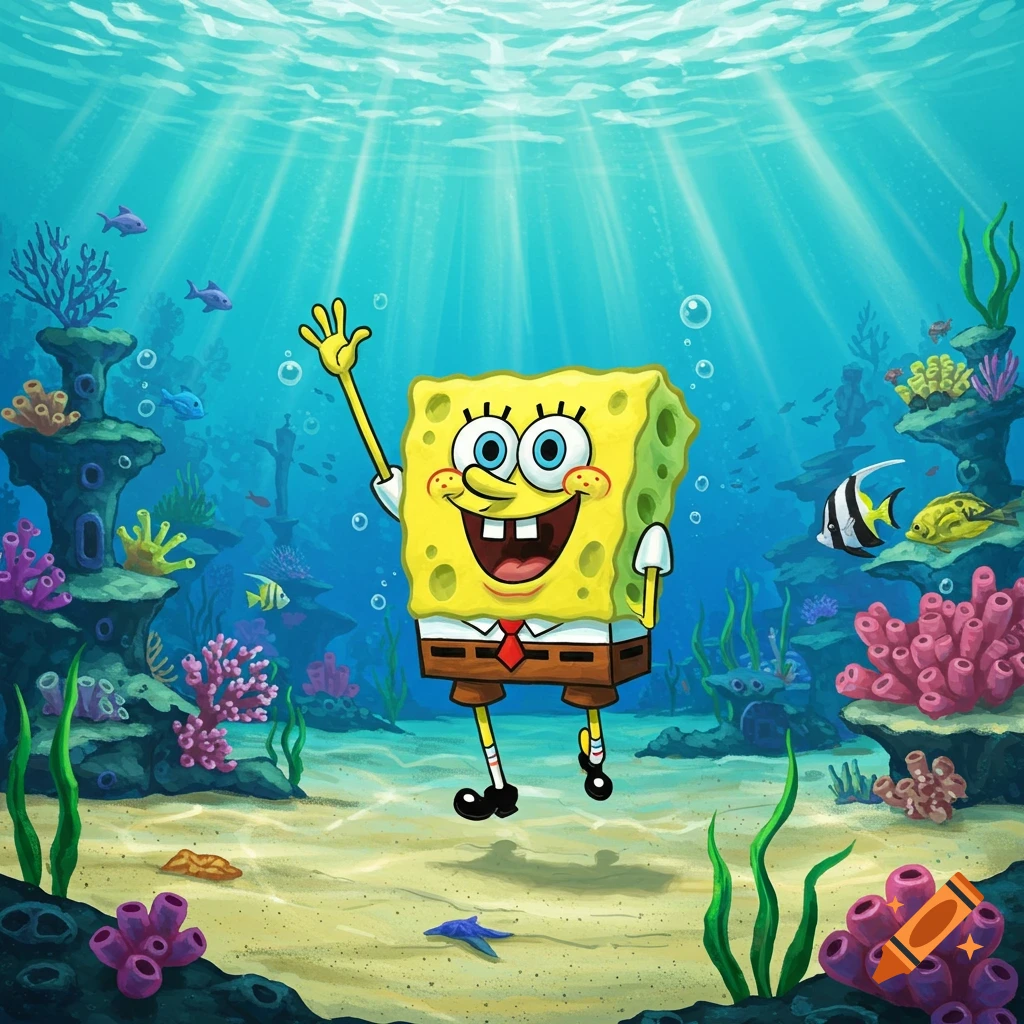 Cartoon Spongebob Squarepants waves and smiles while standing on the sandy ocean floor surrounded by colorful coral reefs and fish.