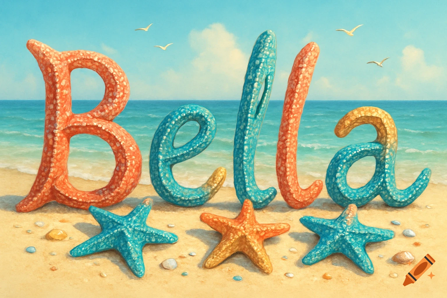 The name 'Bella' spelled out in large, textured starfish letters on a sandy beach with the ocean in the background.