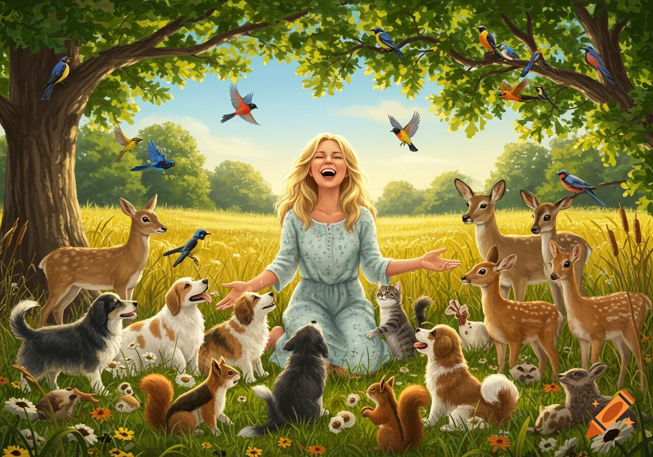 A blonde woman laughs joyfully in a sunny field, surrounded by dogs, deer, a cat, squirrels, and birds under a large tree.
