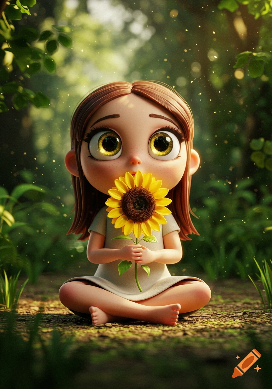 A cute 3D cartoon girl with oversized eyes sits cross-legged in a forest, holding a sunflower to her face.