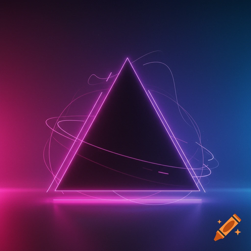 A vibrant neon pink and purple triangle glows against a dark gradient background with swirling light trails.