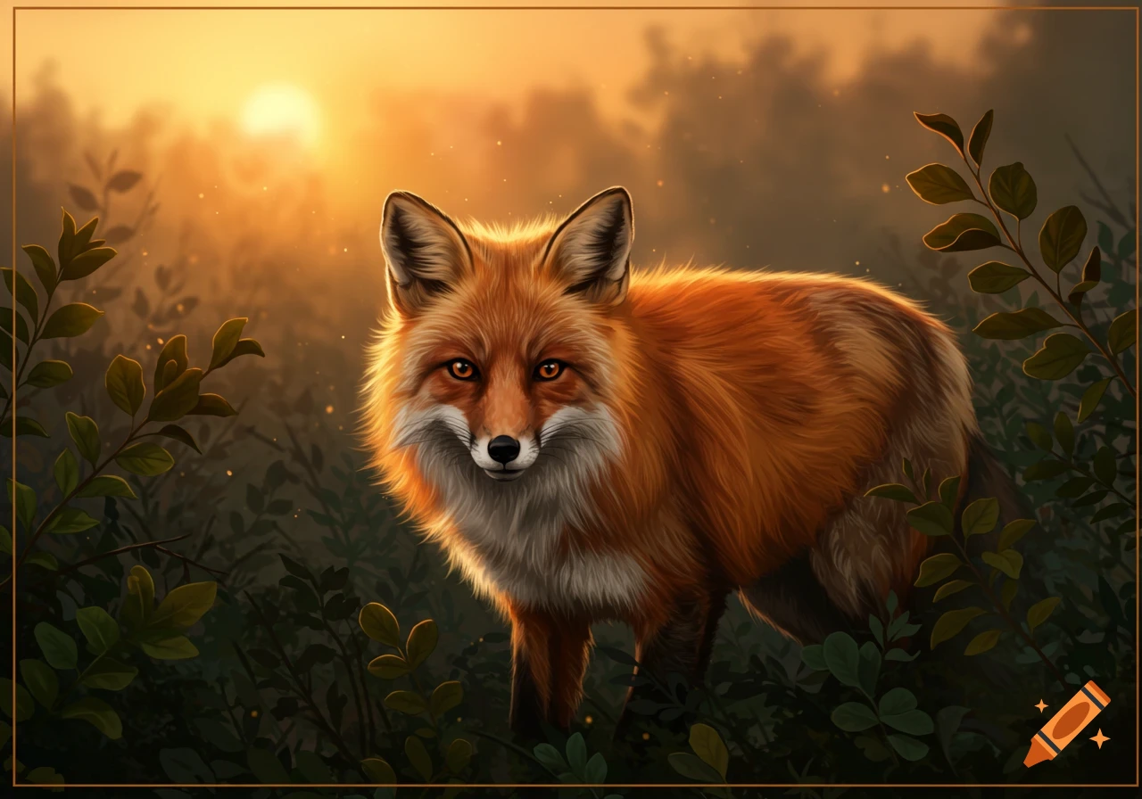 A red fox with bright eyes stands in green brush, bathed in the warm glow of a sunset.