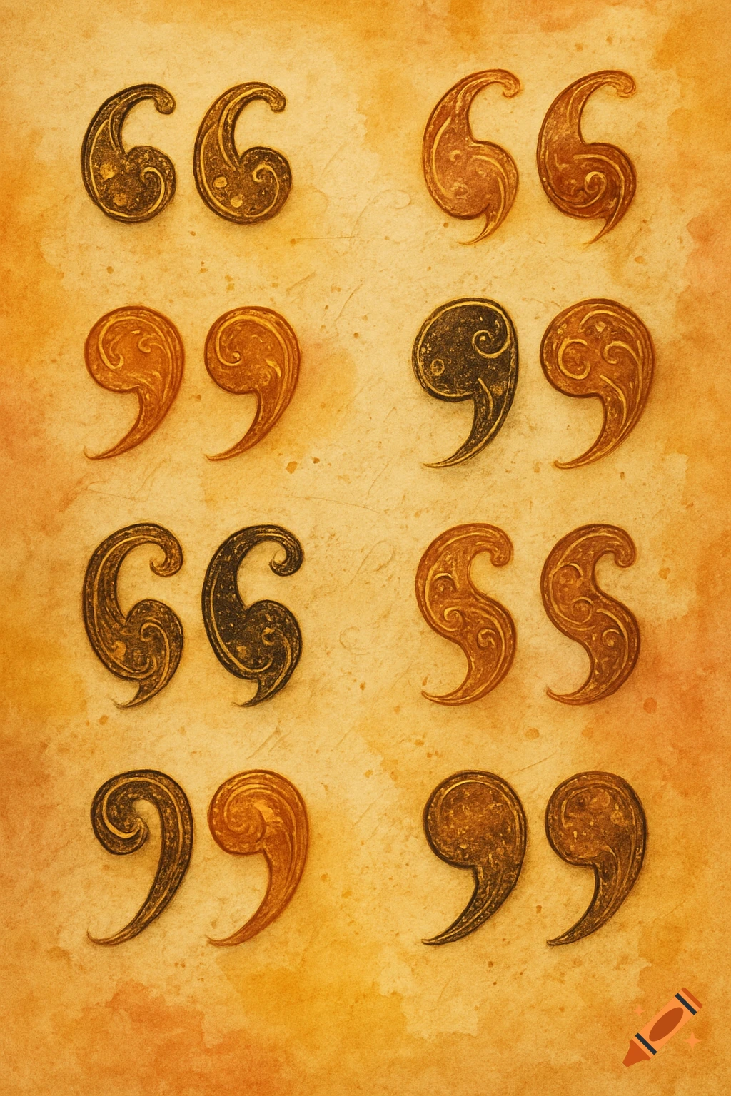 A grid of ornate gold and bronze quotation mark symbols on an aged parchment background.