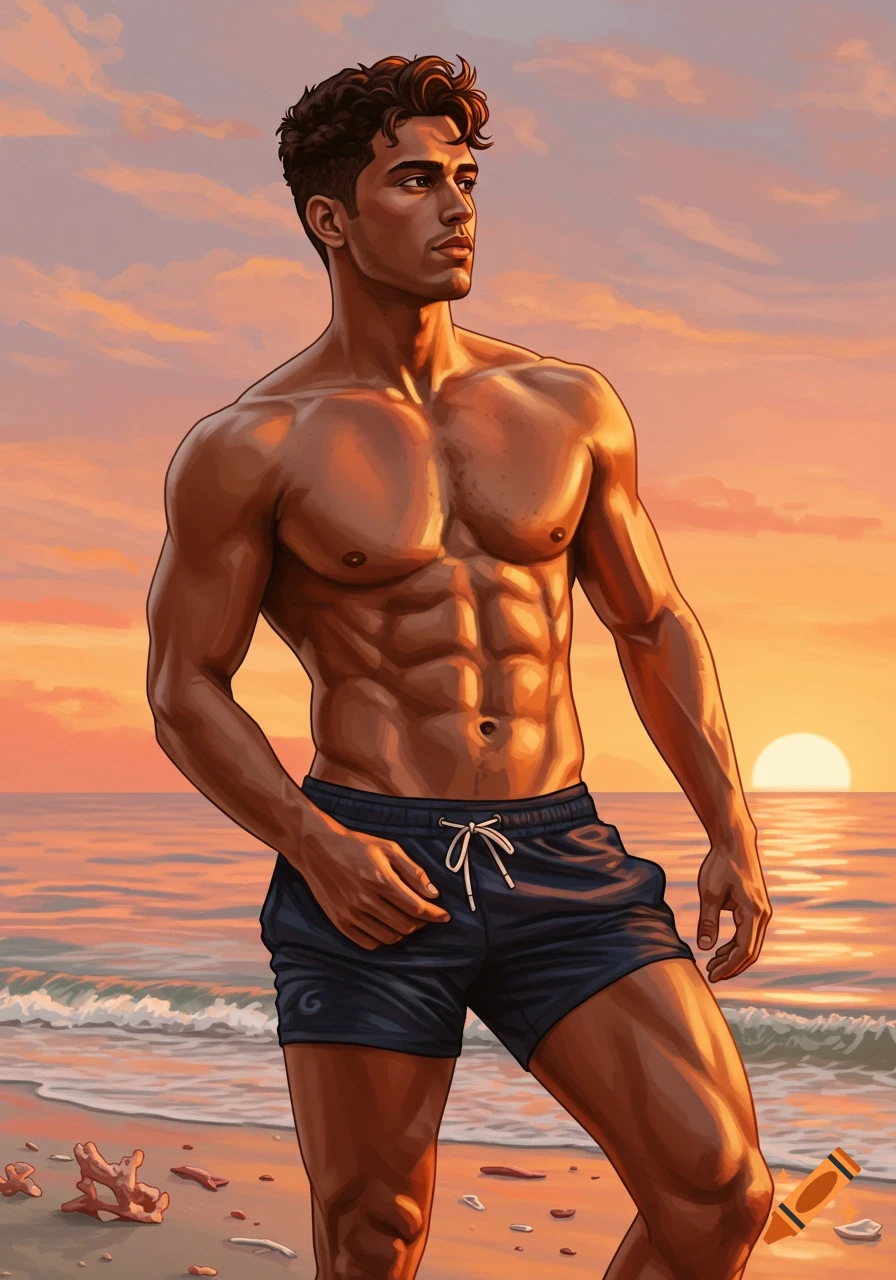 A muscular man with short dark hair stands shirtless in swim shorts on a beach at sunset, looking towards the right.