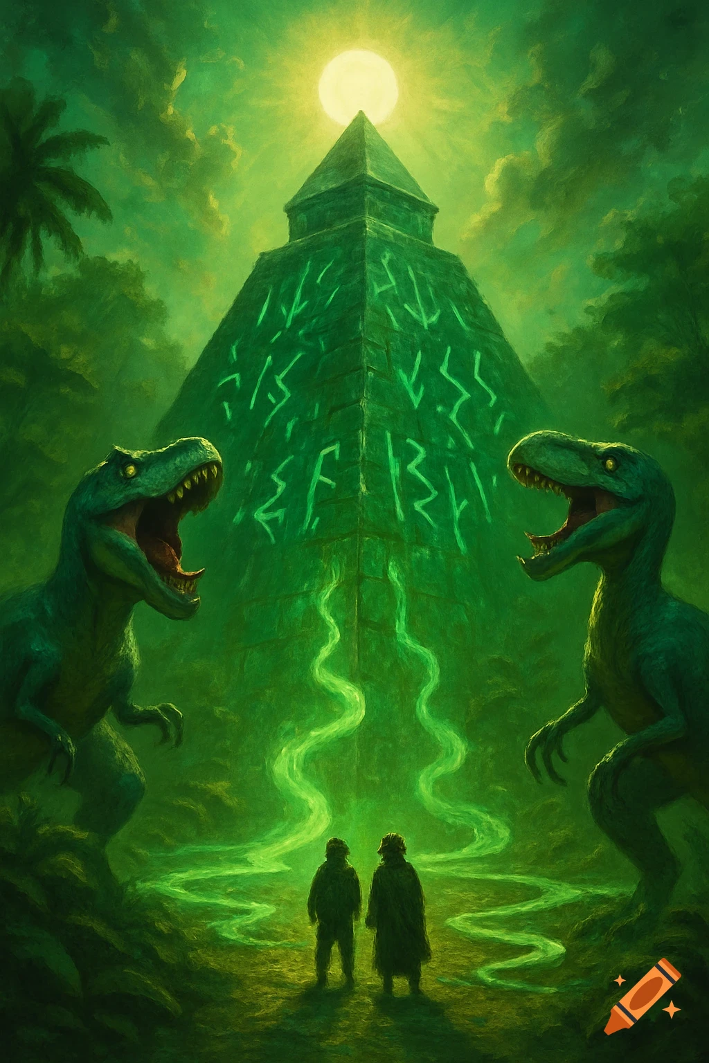 Two figures face a glowing green pyramid with runes, flanked by roaring dinosaurs in a vibrant green jungle under a bright sun.
