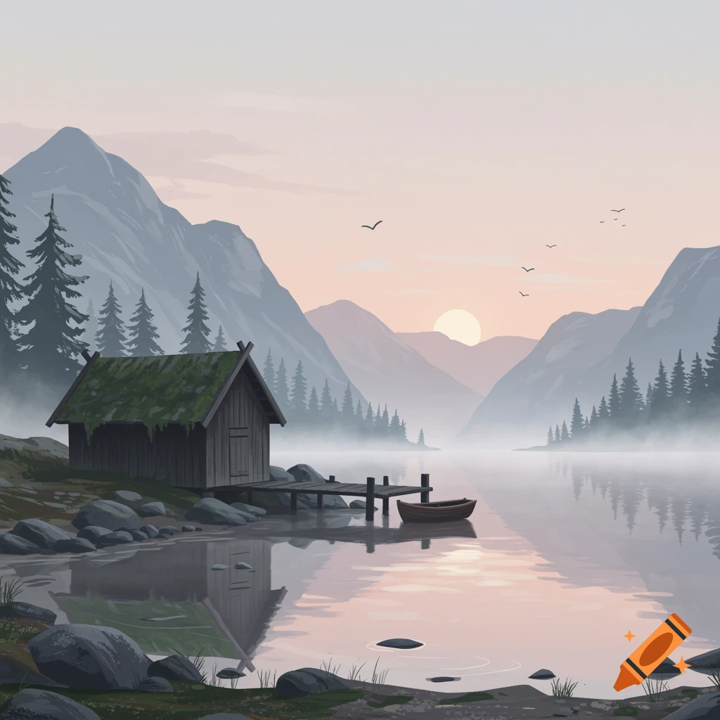A serene Scandinavian art landscape with a cabin by a misty lake, mountains, and a sunrise.