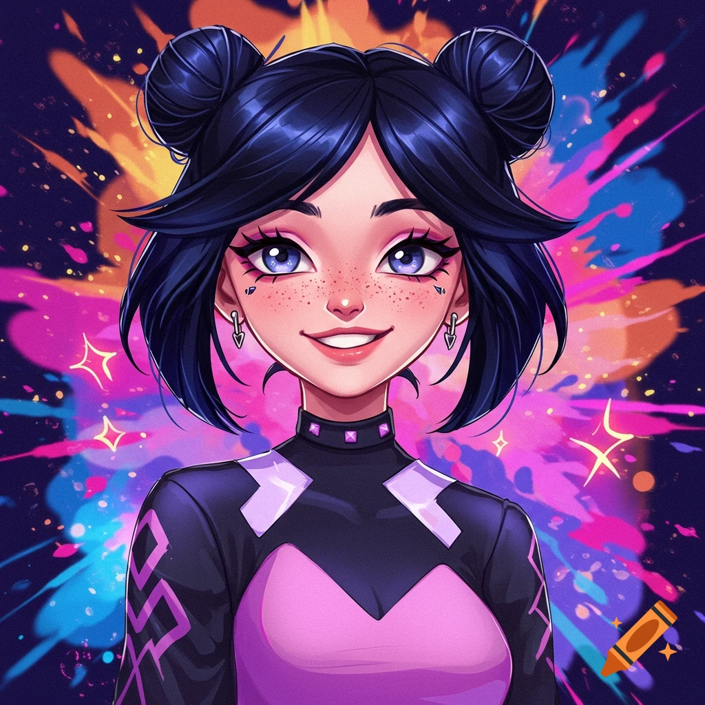 A vibrant stylized portrait of a smiling girl with dark space buns, freckles, and a pink and black outfit, against a colorful, splashy background.
