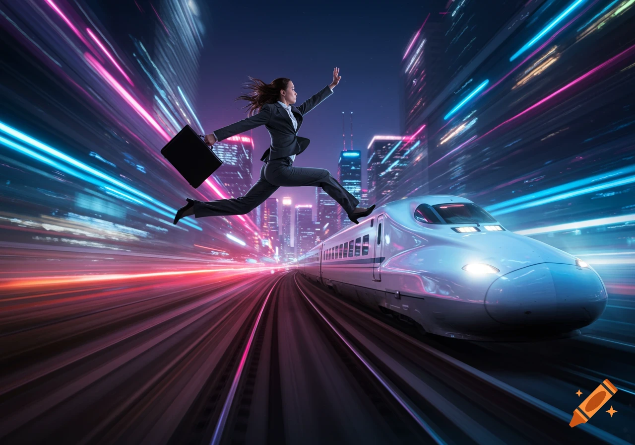 Businesswoman in suit leaping over a bullet train on tracks, speeding past a city skyline with neon light trails at night.