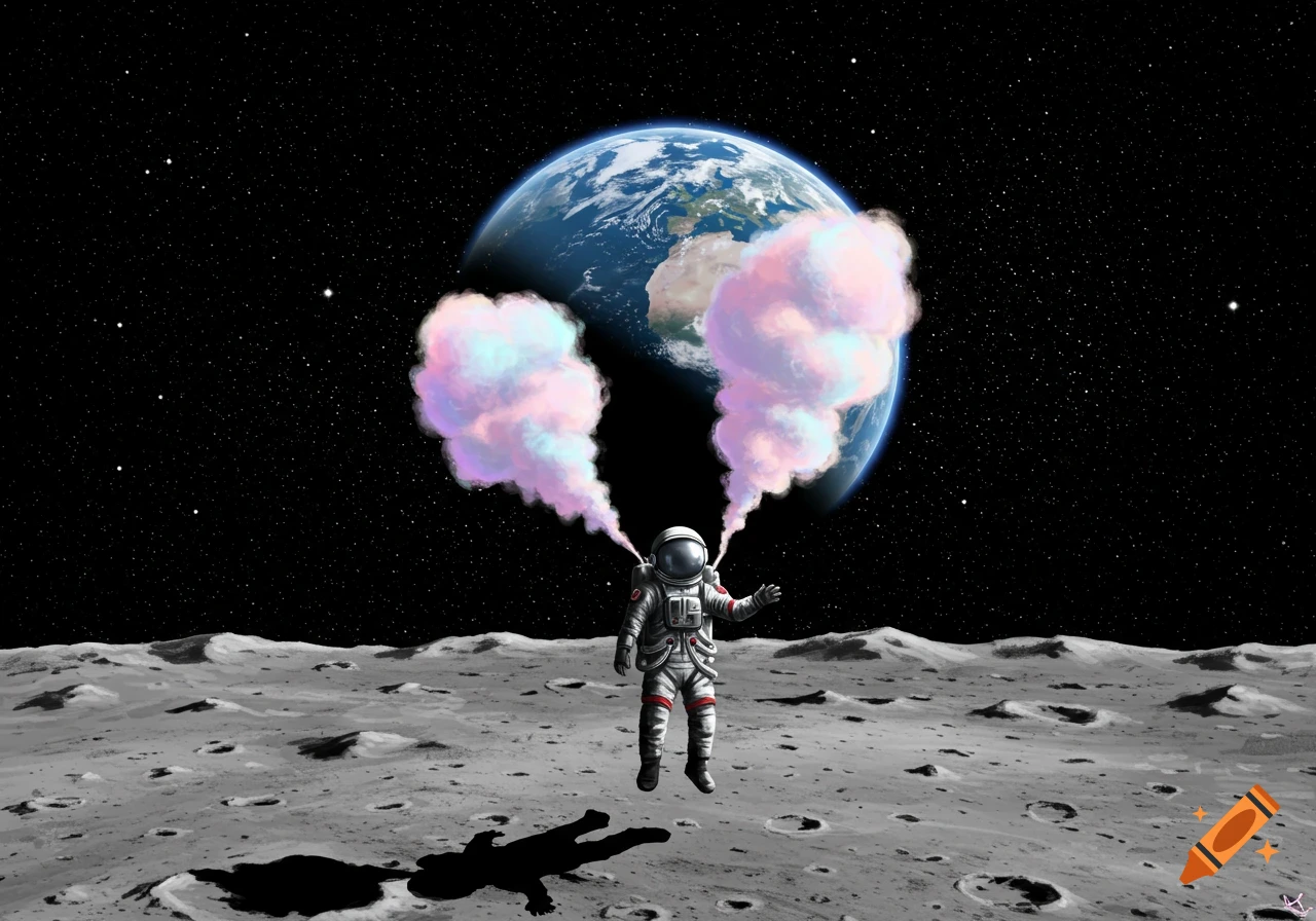 An astronaut floats above the cratered moon surface, emitting colorful pink and blue smoke, with Earth and stars visible in the dark background.
