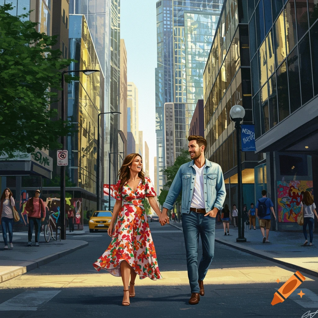 An illustrated man and woman hold hands and smile as they walk down a city street lined with tall buildings.