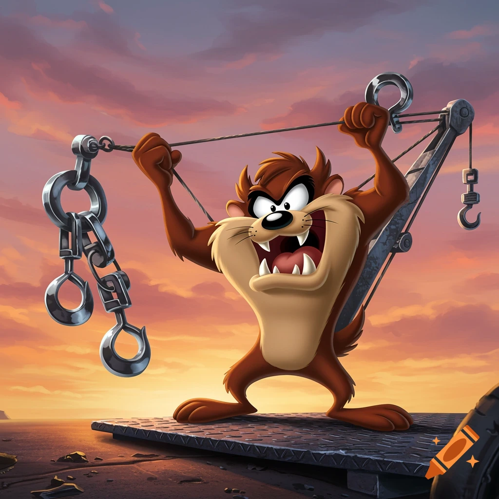 Taz from Looney Tunes, a brown cartoon devil, strains to hold heavy metal chains and hooks from a tow truck against a dramatic sunset sky.