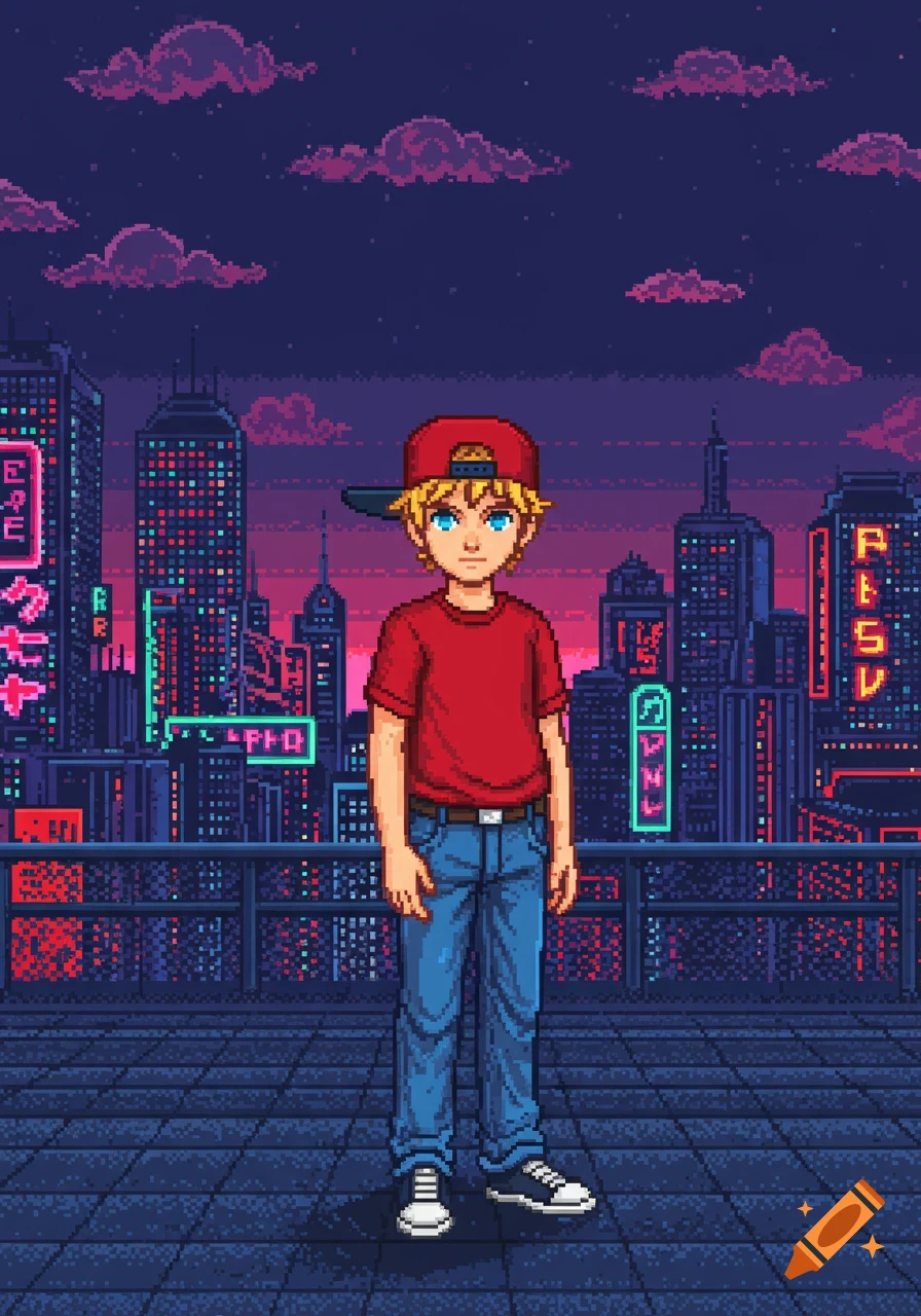 Pixel art of a blond boy in a red shirt and backward cap standing on a rooftop overlooking a neon-lit cyberpunk city at night.