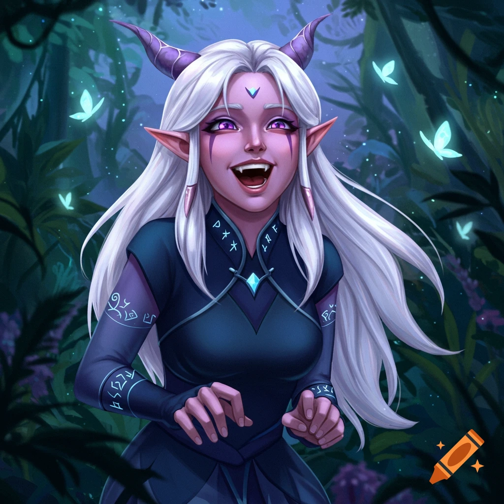 A purple-skinned fantasy character with white hair, horns, and pointed ears smiles, surrounded by glowing blue butterflies in a dark forest.