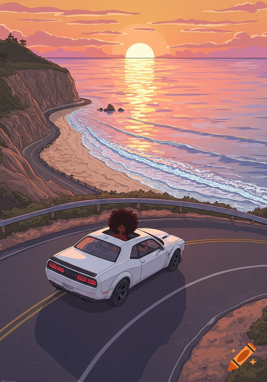 Illustration of a white Dodge Challenger on a coastal road at sunset, a woman peering from the sunroof overlooking the beach.