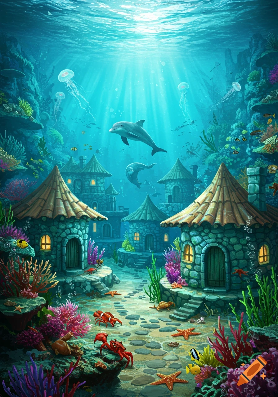 A vibrant illustrated undersea village with stone houses, colorful coral, two dolphins, jellyfish, and crabs swimming.