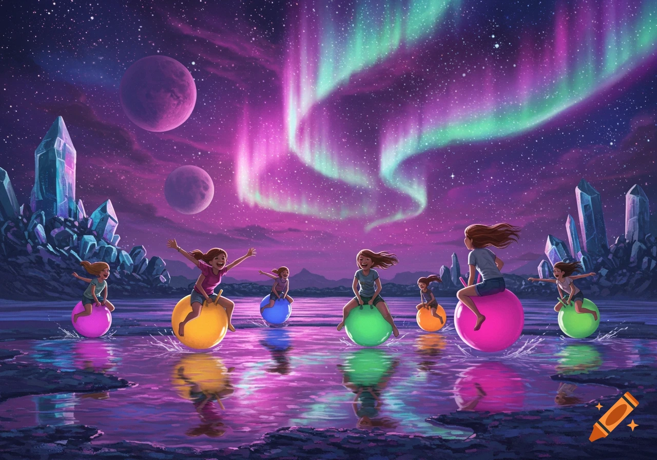 Girls on colorful space hoppers bounce across a fantastical alien landscape with large crystals, planets, and a vibrant aurora borealis sky.
