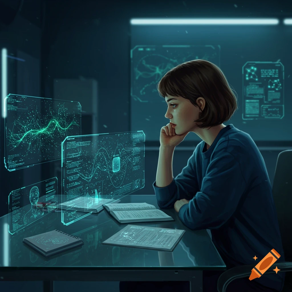 A young woman sits at a desk, intently viewing glowing holographic screens with data and graphs in a futuristic, dimly lit room.