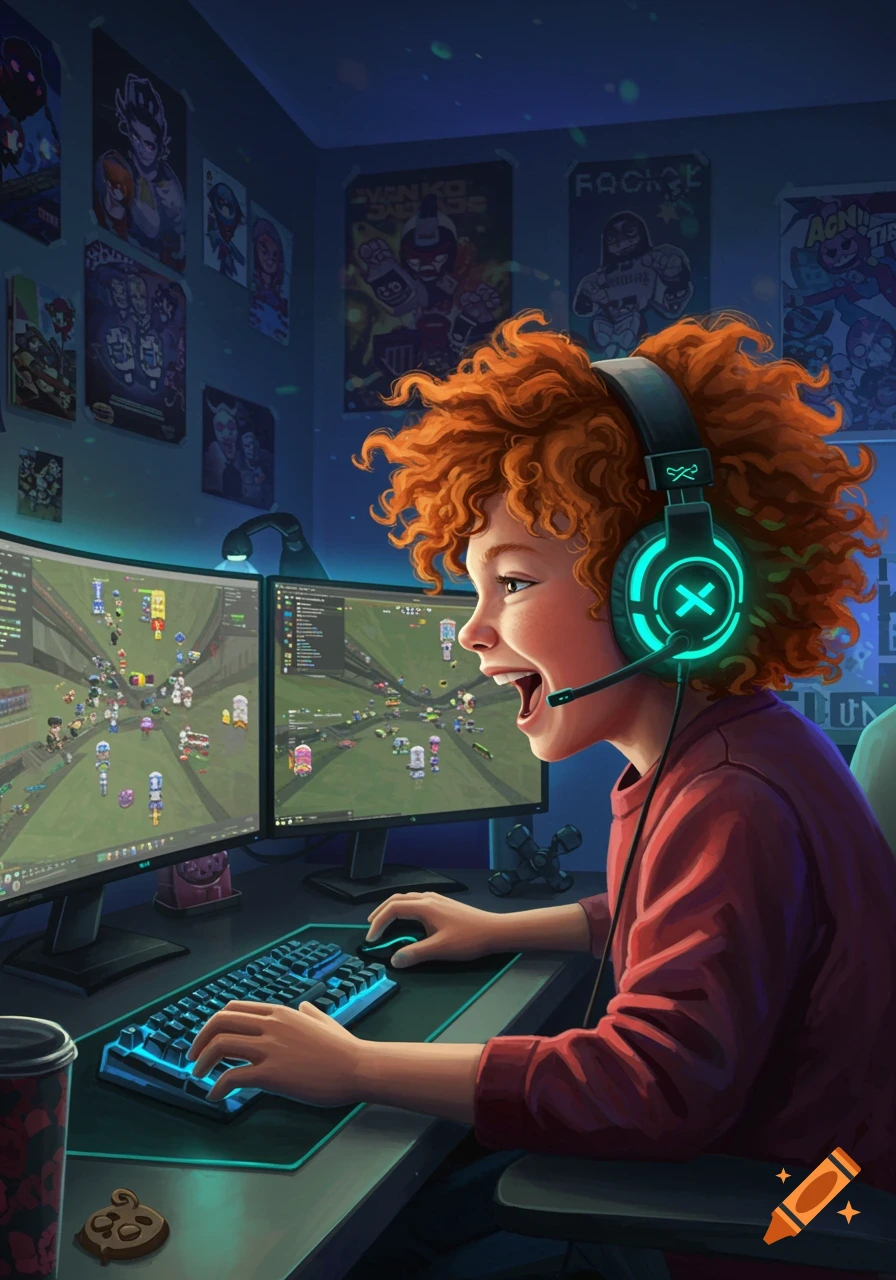 A boy with curly ginger hair and a gaming headset is intensely playing video games on two monitors in a dark room filled with posters.
