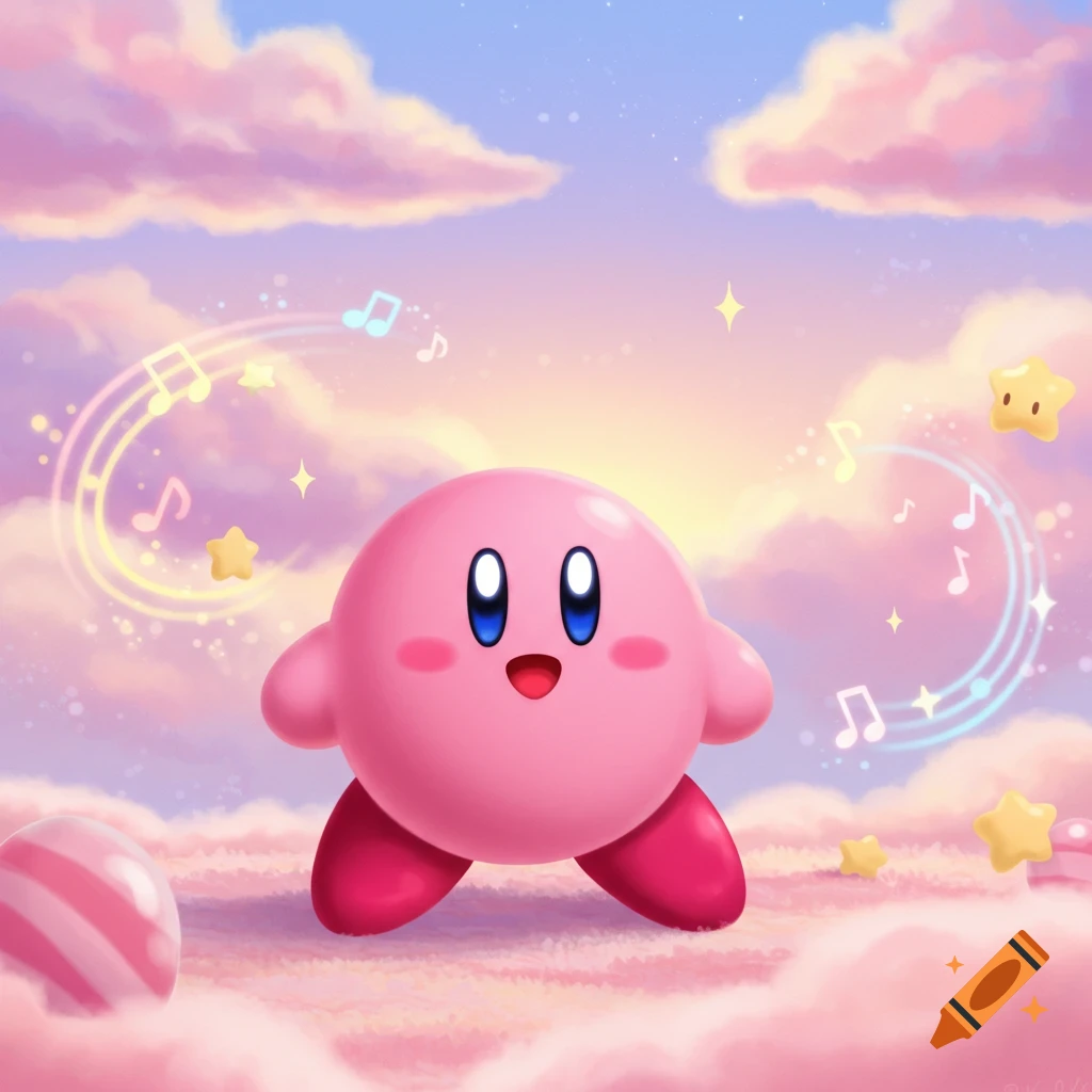 Kirby stands smiling on pink clouds with musical notes and stars floating around him under a pastel sky.