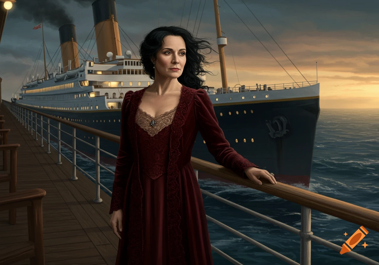 A woman with dark hair in a red dress stands on the deck of a large ship at sunset.