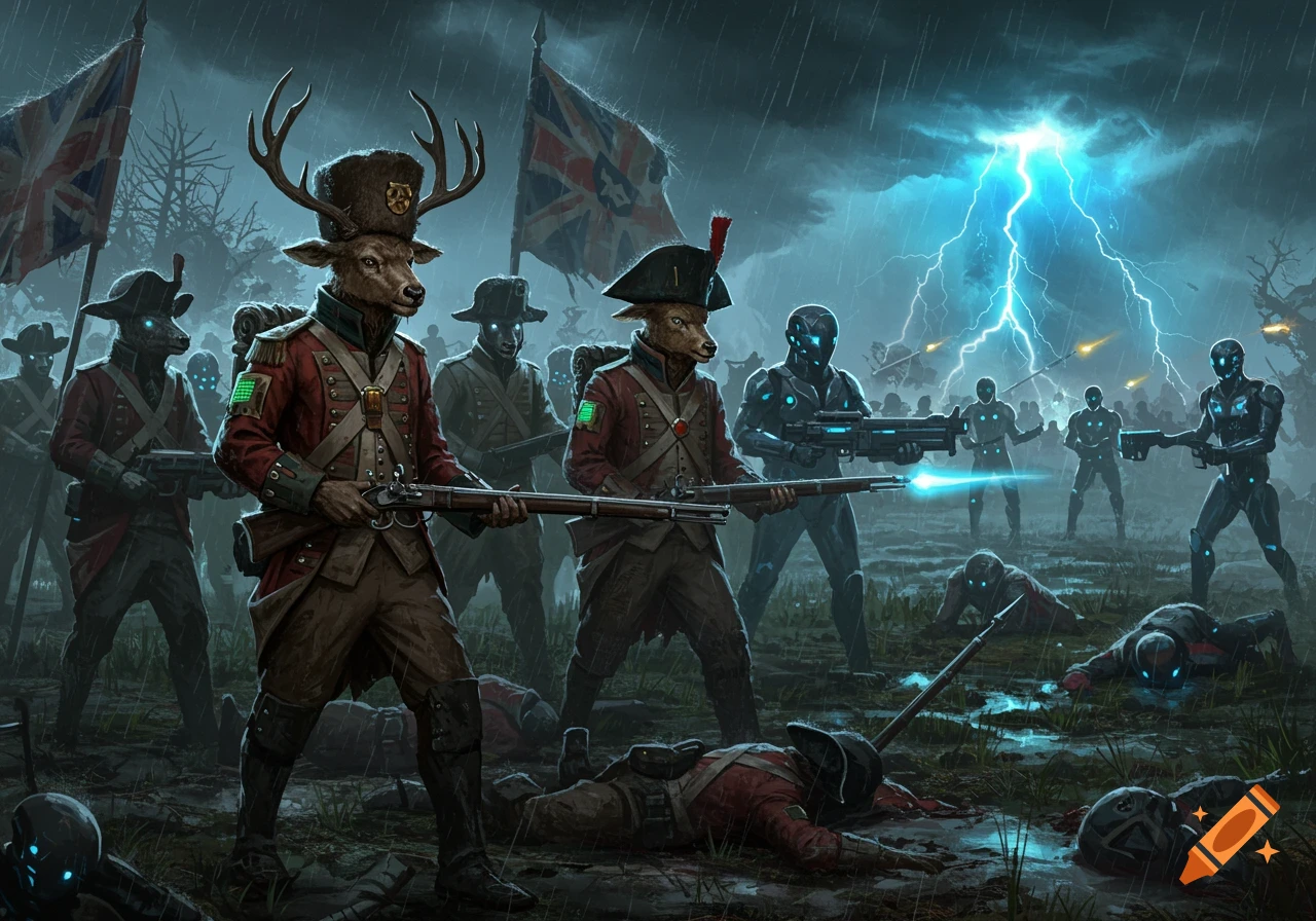 A dark, rainy battle scene featuring deer-headed soldiers in 18th-century British redcoats fighting sleek, glowing futuristic robots under a sky ripped by blue lightning.