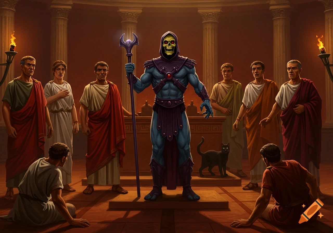Skeletor holds a staff, surrounded by men in Roman togas and a black cat in an ancient hall, digital art.