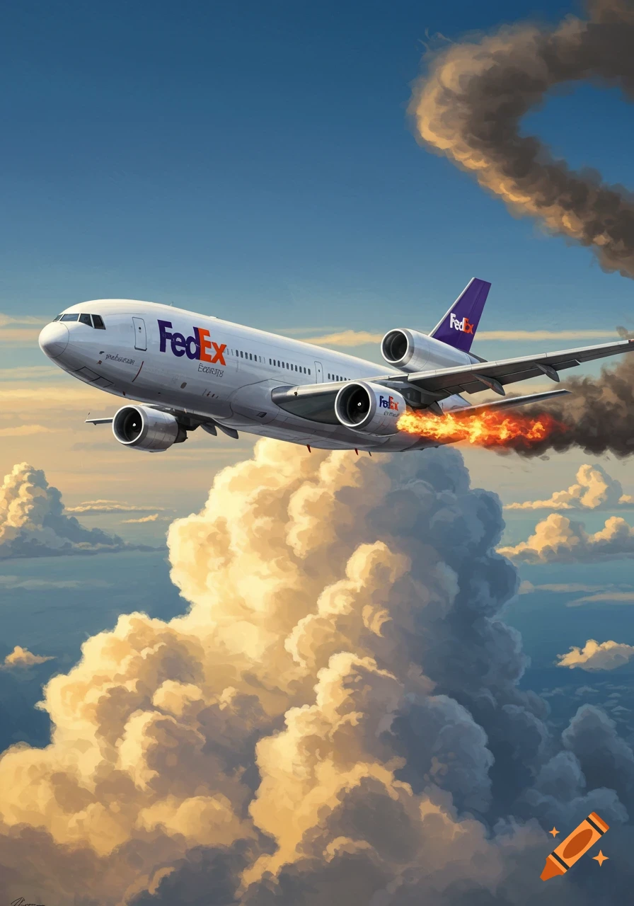 An illustration of a FedEx DC-10 cargo plane flying above clouds with one engine on fire, leaving a trail of smoke.