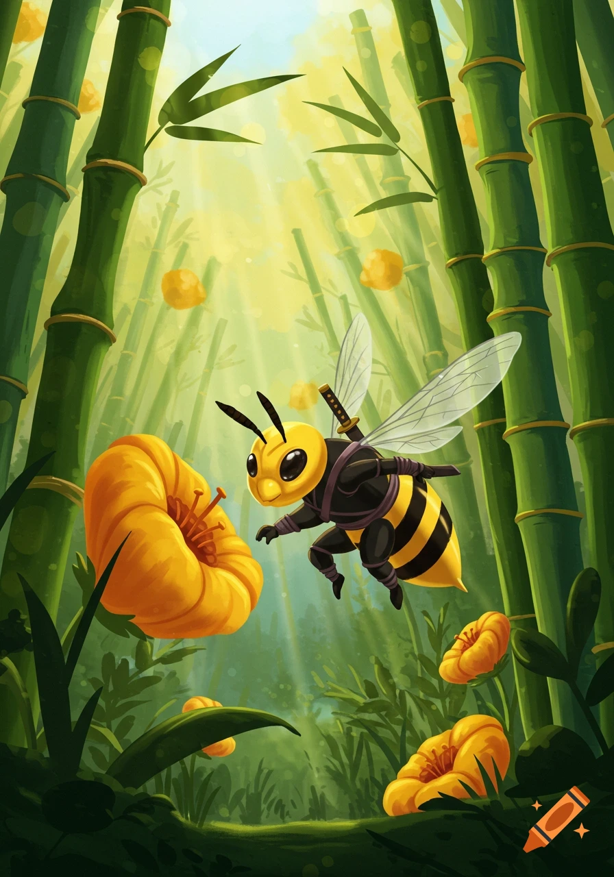 A cartoon ninja bee with a sword on its back flies towards a yellow flower in a bright bamboo forest.